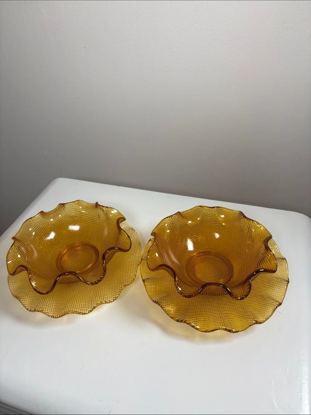 Vintage Colony Amber Waffle Ruffled Glass Dessert Bowl & Plate Sets | Set of 2